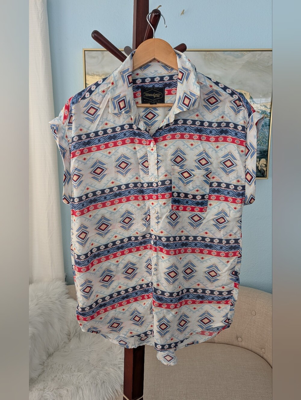 Threadgrilt Women’s Short-Sleeve Button-Down Geometric Print Sz M. - Picture 3 of 10